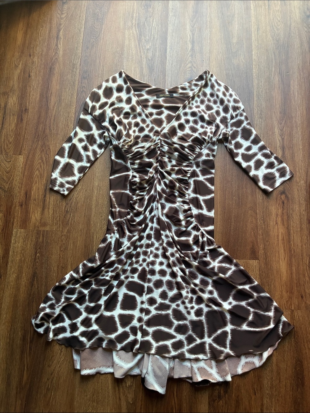 Roberto Cavalli Brown and White Animal Print Ruched Dress